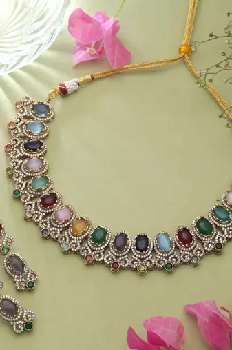 Opulent festive multi color american diamond navratna necklace set for cultural gatherings