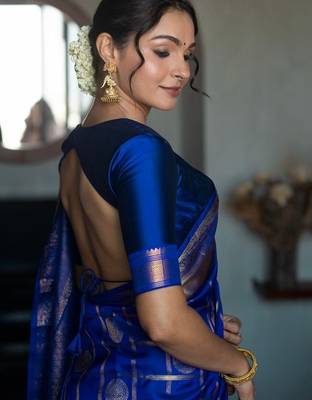 royal blue silk blend banarasi jacuard work festive saree with unstitched blouse piece 2