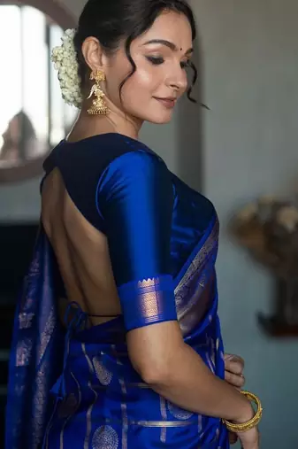 royal blue silk blend banarasi jacuard work festive saree with unstitched blouse piece