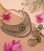 Chic royal green color american diamond choker necklace set for high fashion