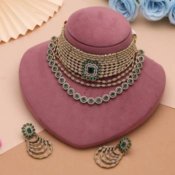 Chic royal green color american diamond choker necklace set for high fashion 2