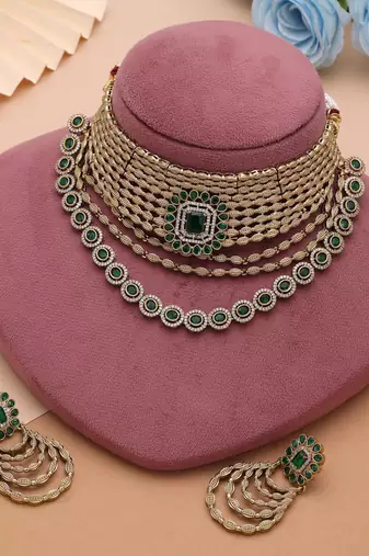 Chic royal green color american diamond choker necklace set for high fashion
