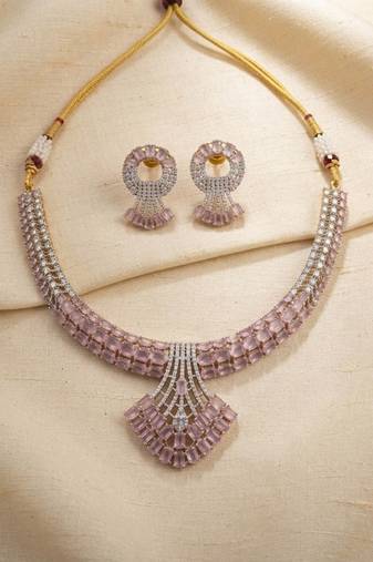 Delicate soft pink color american diamond necklace set for modern wedding guests