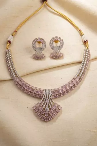 Delicate soft pink color american diamond necklace set for modern wedding guests