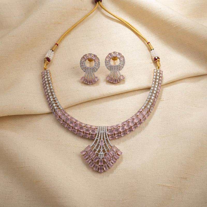 Delicate soft pink color american diamond necklace set for modern wedding guests