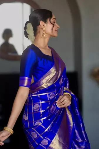 royal blue silk blend banarasi jacuard work festive saree with unstitched blouse piece