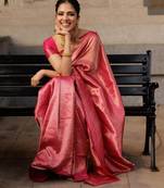 pink silk blend banarasi jacuard work festive saree with unstitched blouse piece