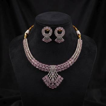 Delicate soft pink color american diamond necklace set for modern wedding guests 2