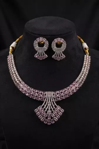 Delicate soft pink color american diamond necklace set for modern wedding guests