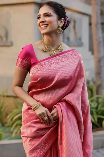 pink silk blend banarasi jacuard work festive saree with unstitched blouse piece