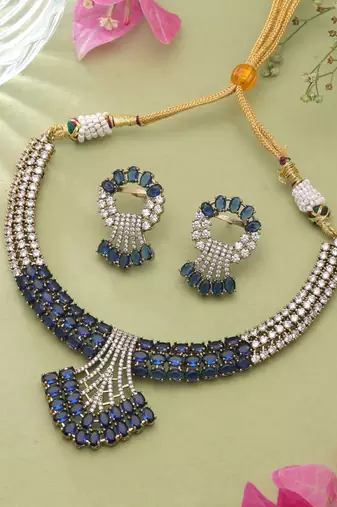 Majestic sapphire blue color american diamond necklace set for glamorous evening affairs