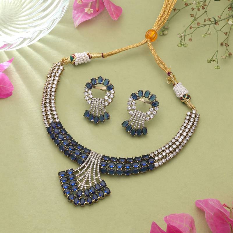 Majestic sapphire blue color american diamond necklace set for glamorous evening affairs
