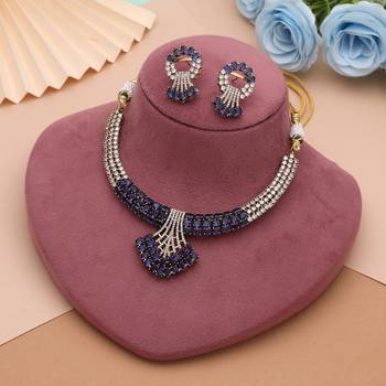 Majestic sapphire blue color american diamond necklace set for glamorous evening affairs 2