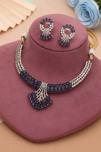 Majestic sapphire blue color american diamond necklace set for glamorous evening affairs