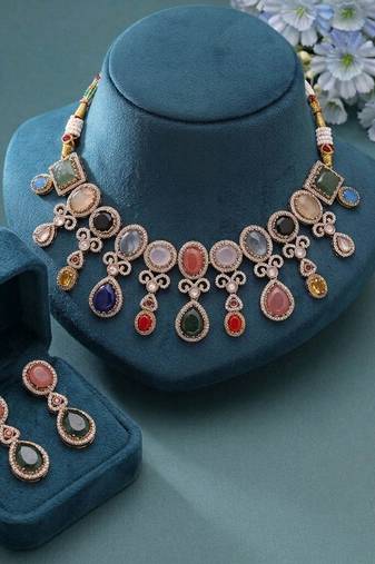 Grand sabyasachi inspired multi color russian stone necklace set for royal brides