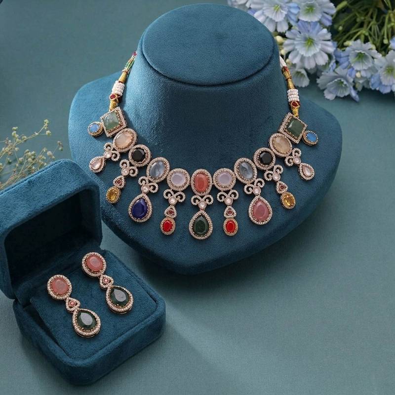 Grand sabyasachi inspired multi color russian stone necklace set for royal brides