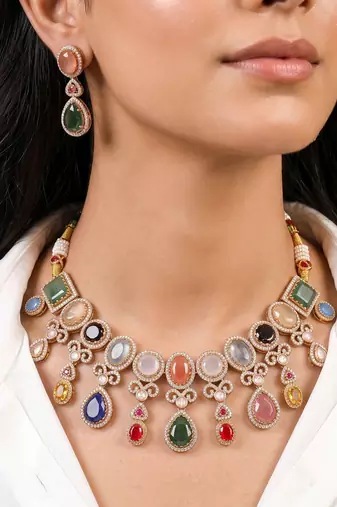 Grand sabyasachi inspired multi color russian stone necklace set for royal brides