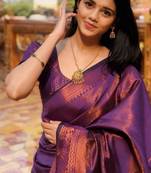 purple silk blend banarasi jacuard work festive saree with unstitched blouse piece