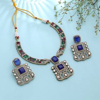Dazzling royal blue color american diamond polki necklace set for formal occasions 1