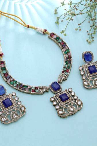 Dazzling royal blue color american diamond polki necklace set for formal occasions