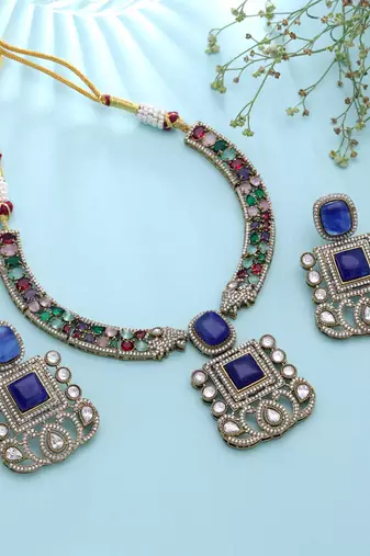 Dazzling royal blue color american diamond polki necklace set for formal occasions