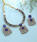Dazzling royal blue color american diamond polki necklace set for formal occasions
