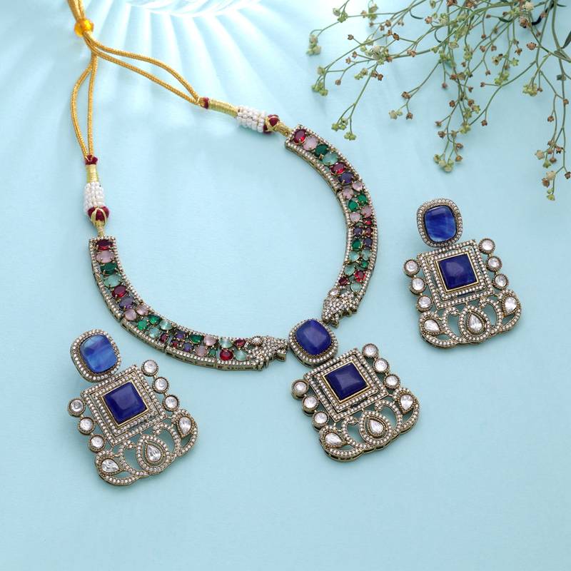 Dazzling royal blue color american diamond polki necklace set for formal occasions