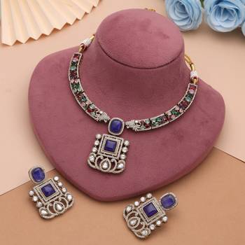 Dazzling royal blue color american diamond polki necklace set for formal occasions 2