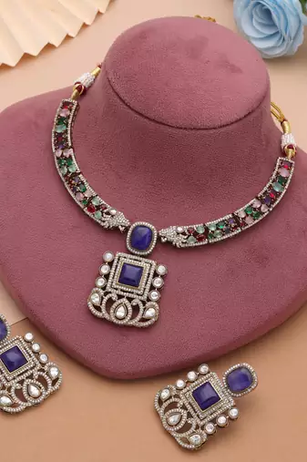 Dazzling royal blue color american diamond polki necklace set for formal occasions