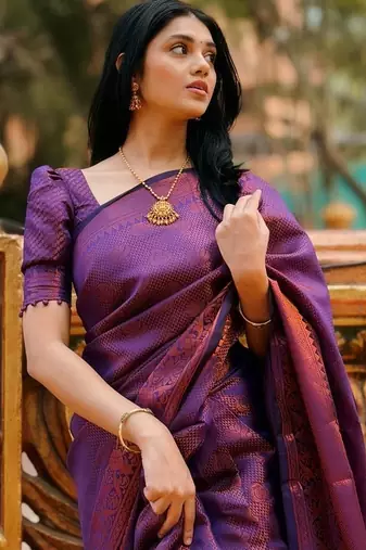 purple silk blend banarasi jacuard work festive saree with unstitched blouse piece