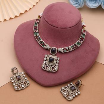 Earthy warm brown color american diamond polki necklace set for fusion attire 1
