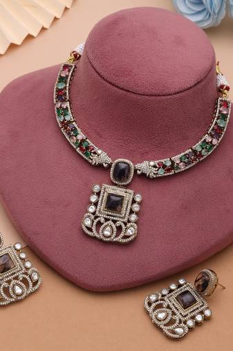 Earthy warm brown color american diamond polki necklace set for fusion attire