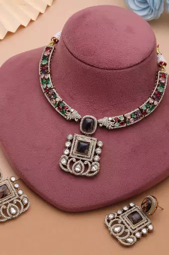 Earthy warm brown color american diamond polki necklace set for fusion attire