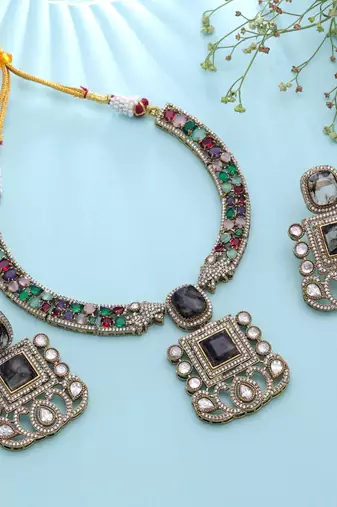 Earthy warm brown color american diamond polki necklace set for fusion attire
