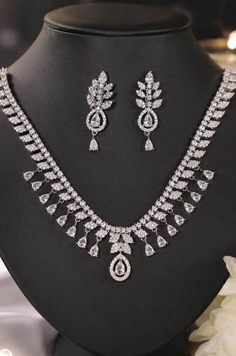 Pristine crystal white color american diamond necklace set for elegant western outfits