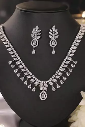 Pristine crystal white color american diamond necklace set for elegant western outfits