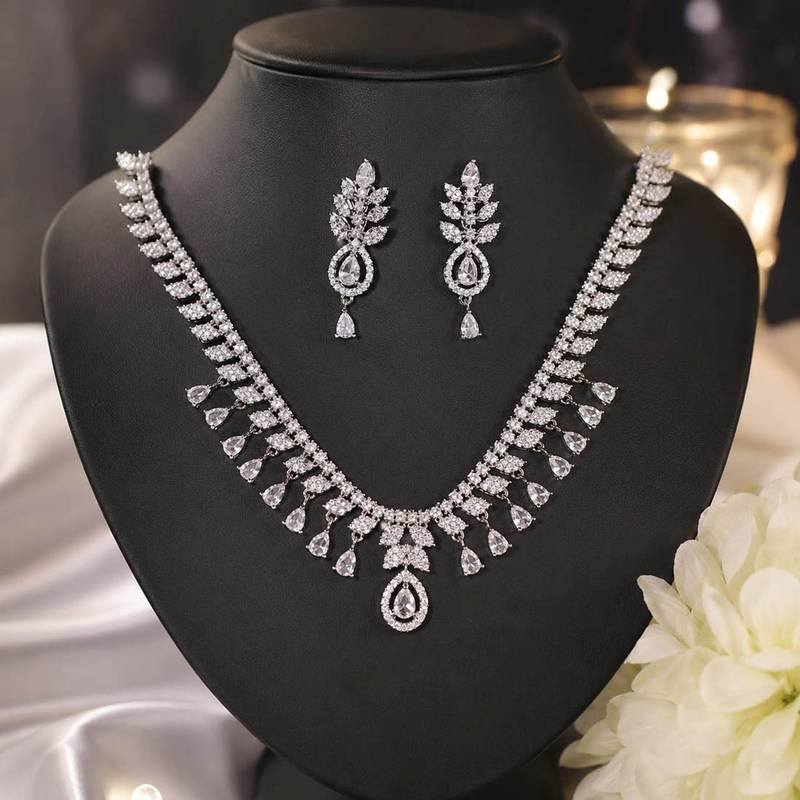 Pristine crystal white color american diamond necklace set for elegant western outfits