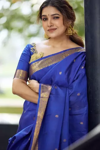 royal blue silk blend banarasi jacuard work festive saree with unstitched blouse piece