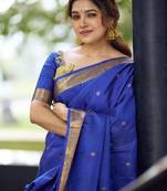 royal blue silk blend banarasi jacuard work festive saree with unstitched blouse piece