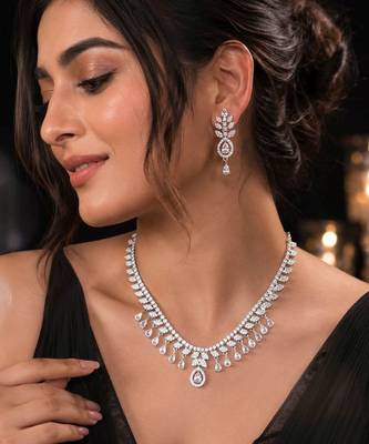 Pristine crystal white color american diamond necklace set for elegant western outfits 2