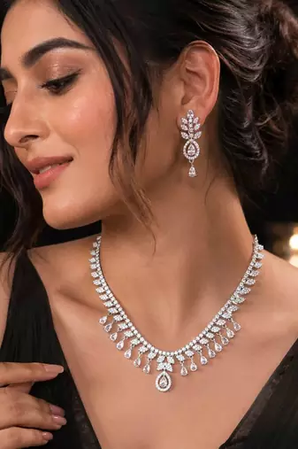 Pristine crystal white color american diamond necklace set for elegant western outfits
