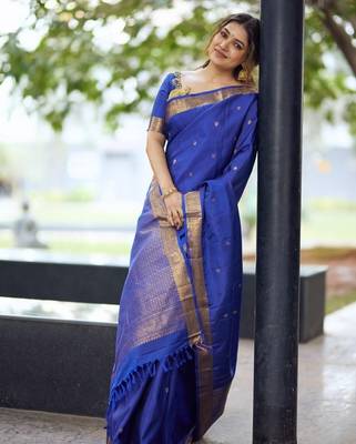 royal blue silk blend banarasi jacuard work festive saree with unstitched blouse piece 2