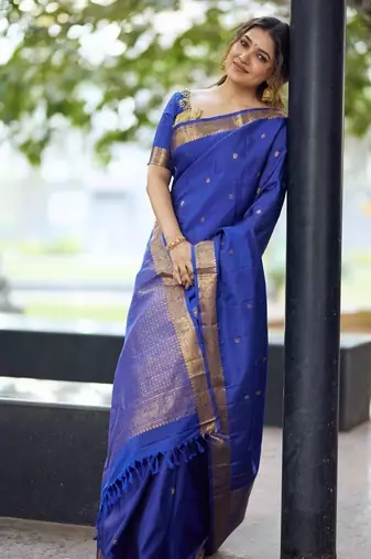 royal blue silk blend banarasi jacuard work festive saree with unstitched blouse piece