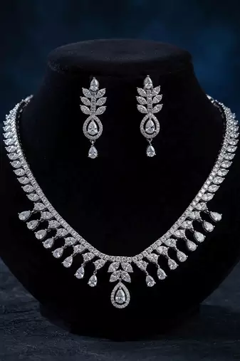 Pristine crystal white color american diamond necklace set for elegant western outfits