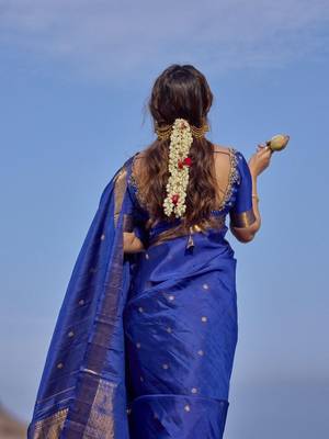 royal blue silk blend banarasi jacuard work festive saree with unstitched blouse piece 3