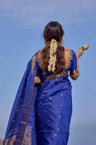 royal blue silk blend banarasi jacuard work festive saree with unstitched blouse piece