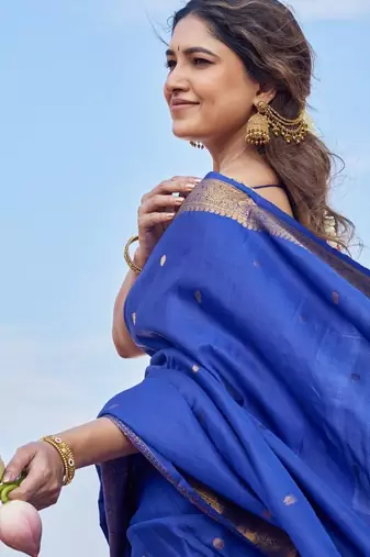 royal blue silk blend banarasi jacuard work festive saree with unstitched blouse piece