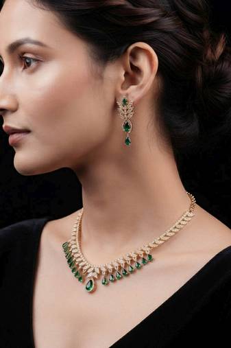 Sparkling emerald green color american diamond necklace set for festive celebrations