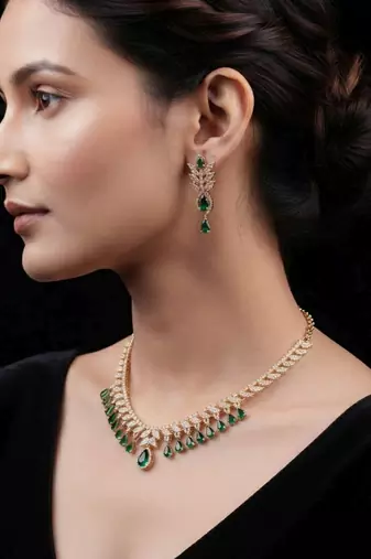 Sparkling emerald green color american diamond necklace set for festive celebrations