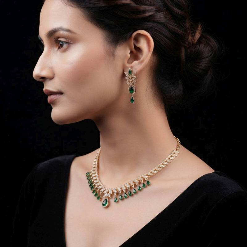 Sparkling emerald green color american diamond necklace set for festive celebrations